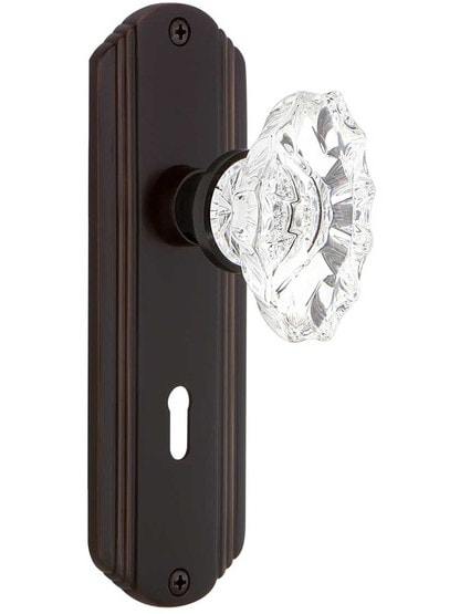 Streamline Deco Door Set with Keyhole and Chateau Crystal Glass Knobs in Timeless Bronze.